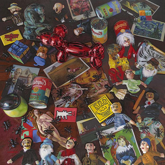史蒂夫·舒林的静物画, showing postcards, cans of soup, 洋娃娃和其他各种各样的东西散落在桌面上