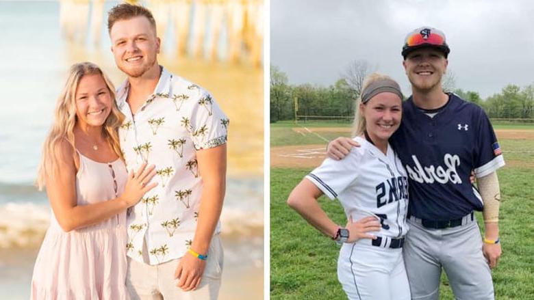 side by side photos of a couple, 一张是他们穿着Berks的棒球和垒球制服，另一张是同一对夫妇在海滩上